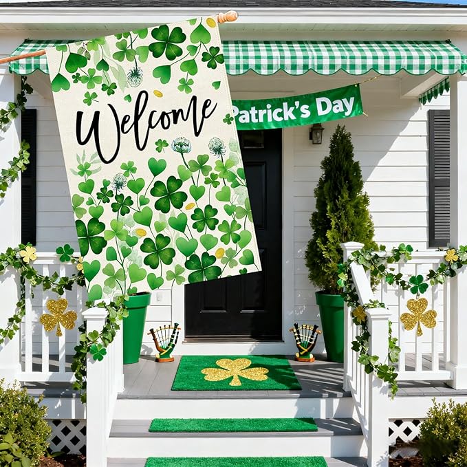 Baccessor St.Patrick's Day Welcome House Flag 28x40 Inch Double Sided,Green Lucky Shamrock Clover Large Garden Flag Holiday Porch Patio Farmhouse Outdoor Outside Decoration