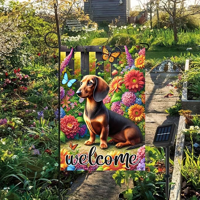 BlissYard Welcome Garden Flag Spring Summer Garden Flag 12x18 Inch Double Sided Dachshund Dog Flags Floral Butterfly Yard Lawn Porch Outdoor Decorative Banner