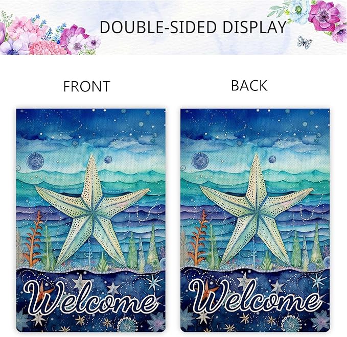Jauageon Welcome Summer Starfish Garden Flag Ocean Sea Garden Flag Vertical Double Sided Rustic Farmland Burlap Yard Lawn Outdoor Decor 12.5x18"