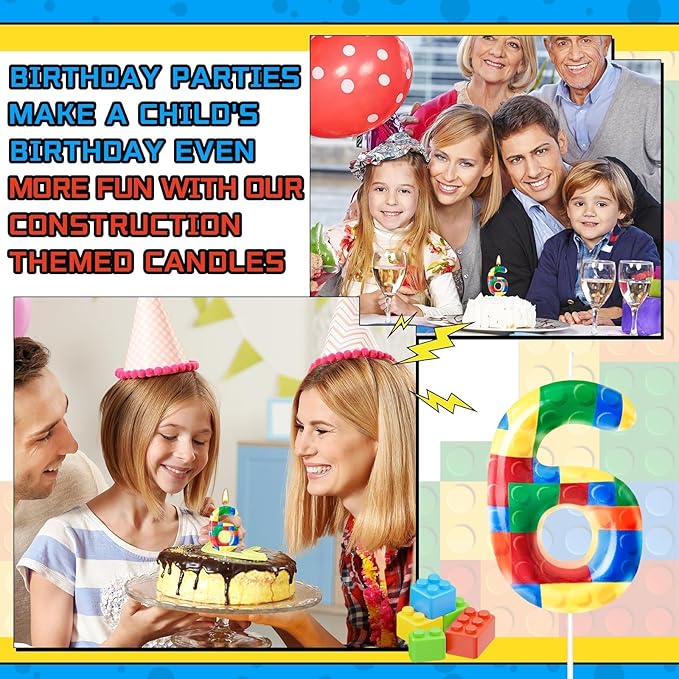 Building Block Themed Birthday Candle Number 6 Candle Birthday Party Decoration Cake Topper for Building Block Party Decoration Theme Parties Supplies (Number 6)