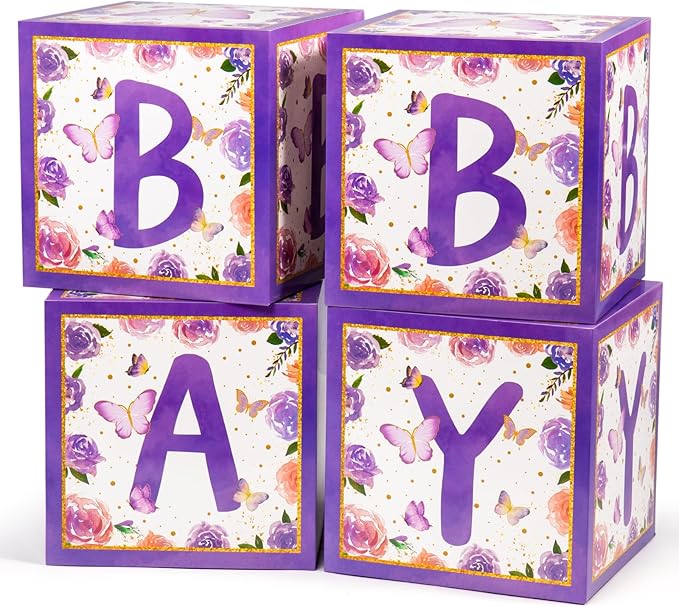 Baby Boxes with Letters and Butterfly Balloons for Gender Reveal Decoration (Purple)