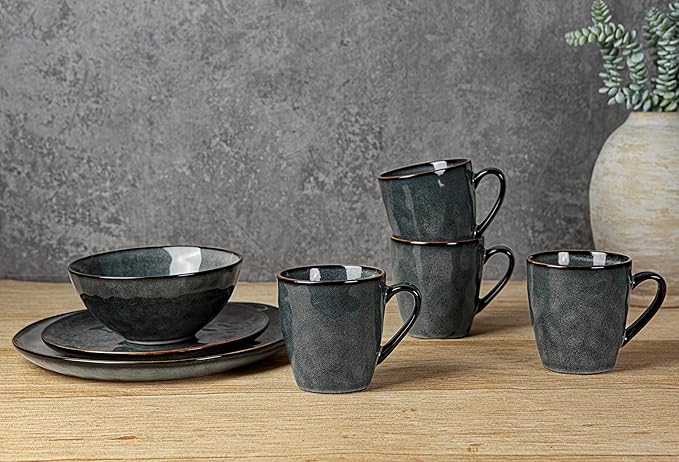 famiware Coffee Mugs Set of 4, Ocean Round 11.5oz Coffee Cup Set with Handle for Cocoa, Milk, Hot Chocolate, Tea or Water, Stoneware Cups for Kitchen, Microwave Dishwasher Safe, Deep Forest