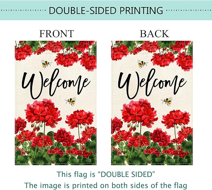 Baccessor Spring Summer Geranium Welcome House Flag Double Sided Summer Bee Red Floral Burlap Yard Flag House Seasonal Farmhouse Outside Outdoor Decoration 28 x 40 Inch（large）