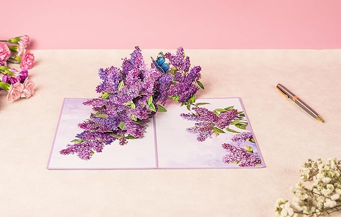 Lilac Blossom Birthday Cards for Women, Pop Up Mothers Day Card, 3D Anniversary, Valentines Day, Pop Up Gifts for Her, Him, Wife, Husband, Sister 6x8in (Lilac Blossom Butterfly)