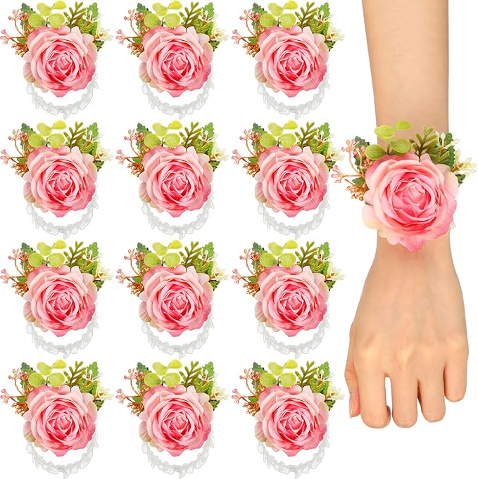 Jexine 12 Pcs Rose Wrist Corsage Bracelets Wedding Bridal Wrist Artificial Flower Wristband Flower Hand Decor for Bride Bridesmaid Homecoming Prom Party Decor(Peach)