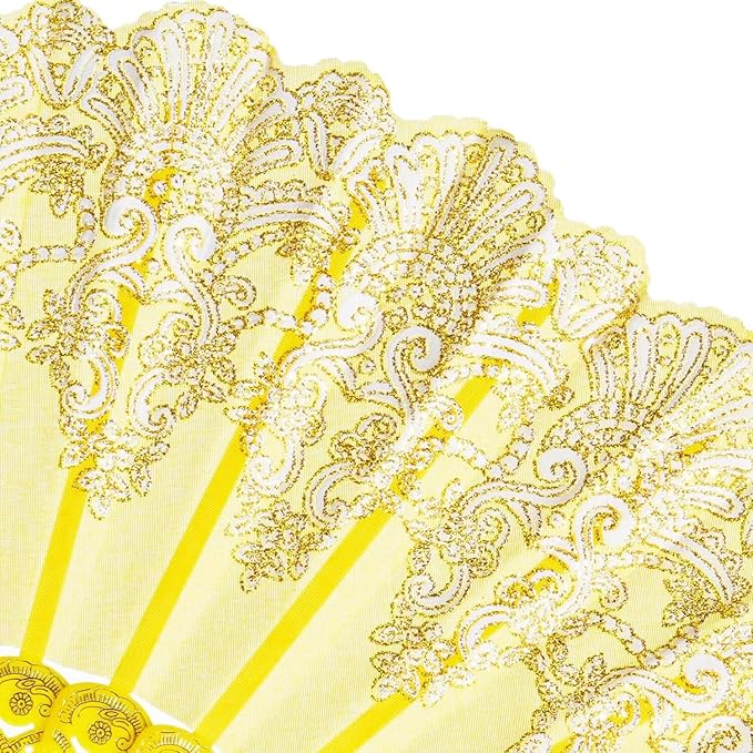 QIRMIZI 30 Pack Folding Handheld Fans, Silk Spanish Fan, Perfect for Weddings, Parties, and Dancing,Yellow