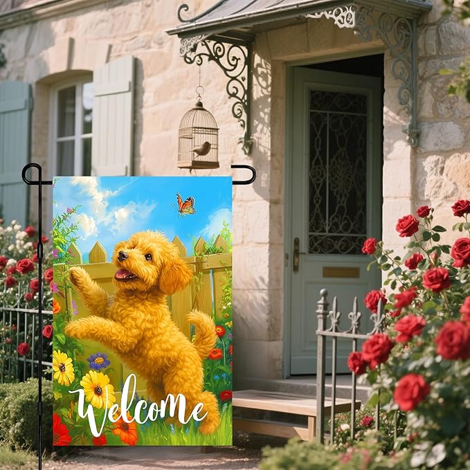 IVN Spring Summer Welcome Garden Flag 12x18 Inch Double Sided Puppy with Butterfly and Flowers Outdoor Yard Flag for Outside Home Front Door Lawn Porch Patio Welcome Decor
