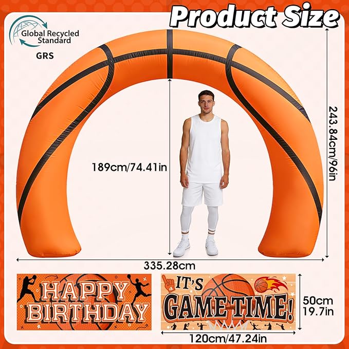 8FT Giant Basketball Inflatable Arch, Basketball Party Decorations with Game Day Banner 1Blower & Built-in 3LED Lights for Team Coach Stadium Photos Backdrop Senior Night & Birthday Blow-Up Decor