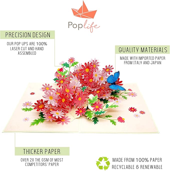PopLife Colorful Marguerite Daisy Flowers 3D Pop Up Card - Mother's Day, Birthday Card, Anniversary, Thank You, Congratulations, Valentine's - For Mom, Daughter, Wife, Grandma, Step-Mom, Girlfriend