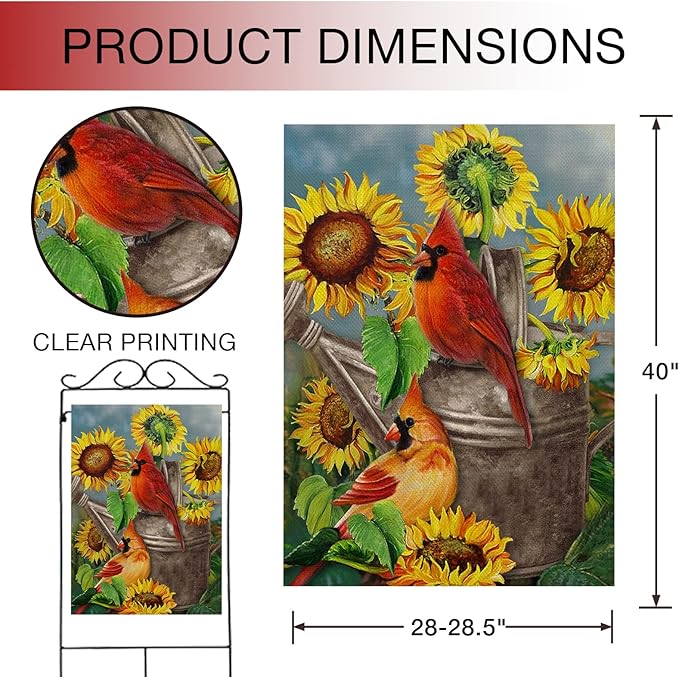 Hzppyz Spring Summer Sunflower Cardinal House Flag Double Sided, Red Bird Garden Yard Outdoor Large Burlap Flag, Fall Farmhouse Home Decoration 28x40