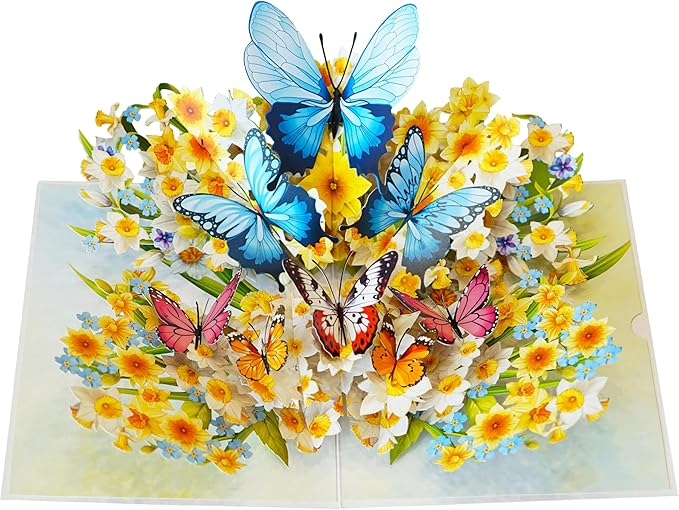 Daffodils with Butterflies 3D Birthday Cards for Women, Mothers Day Cards, 6x8in Pop Up Gift Card for Mom, Wife, Her, Daughter, Sister, Grandma (PQ Daffodils w Butterflies)