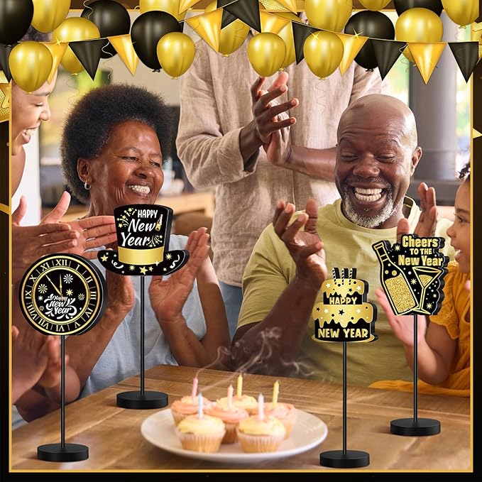 6 Pcs New Years Centerpieces for Tables Happy New Years Table Decoration Party Standing Tabletop Decor for Celebration Black and Gold Wooden Sign Single-sided Printed for 2026 Eve Party