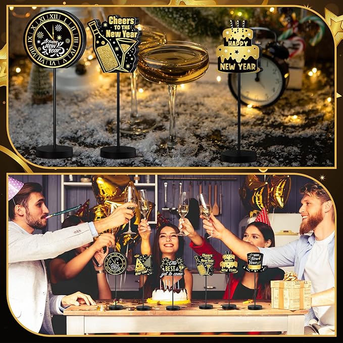 6 Pcs New Years Centerpieces for Tables Happy New Years Table Decoration Party Standing Tabletop Decor for Celebration Black and Gold Wooden Sign Single-sided Printed for 2026 Eve Party