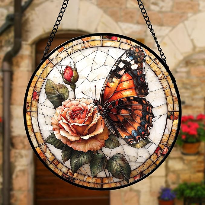 Stained Glass Window Hanging, Butterfly Picking Flowers Suncatcher for Doors Home Sun Catchers Decoration and Christmas, Mother's Day Birthday Gifts for Women, Men, and Mom 6.3 in