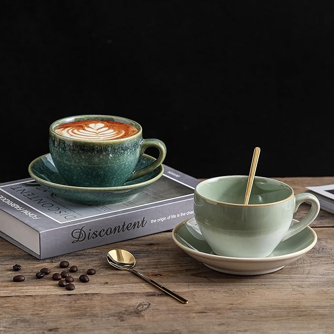 Porcelain Coffee Cup with Saucer Spoon, Vintage Design Ceramic Latte Art Cappuccino Barista Espresso Tea Cup with Saucer (11.6 oz, 350ml, White Both Green)