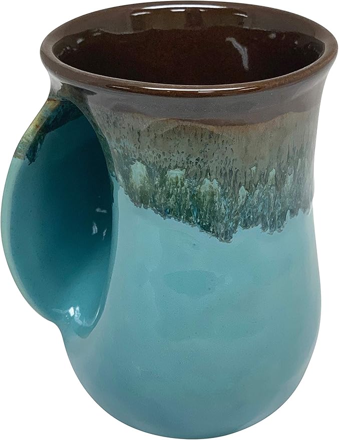 Clay in Motion Hand Warmer Coffee Mug – Handmade Coffee Mug With Comfortable Handle Contoured Pocket Hand Warming Ceramic Coffee Mug – Proudly Made in USA – Left Handed – 14 Oz - Ocean Tide