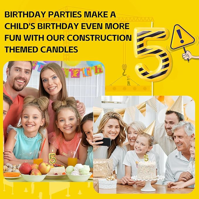 Construction Themed Birthday Candles Number 5 Candle Birthday Party Decoration Cake Topper for Construction Party Decoration Theme Party Supplies (Number 5)