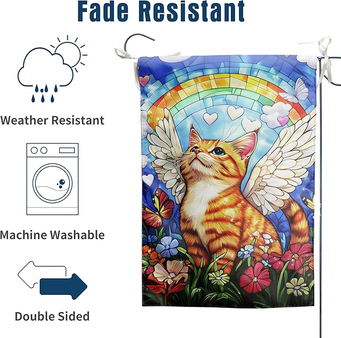 Stained Glass Orange Cat Garden Flag 12x18 Double Sided - Rainbow Bridge Memorial Gift for Loss of Pet - Bereavement Sympathy for Cat Lovers - Seasonal Small Outdoor Flag