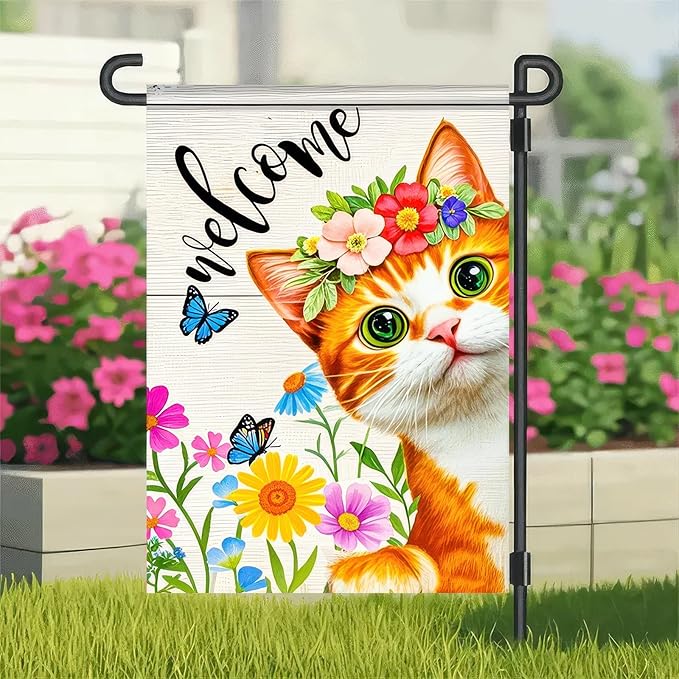BlissYard Spring Welcome Garden Flag 12x18 Inch Double Sided Cat Flowers Small Flags For Outside Outdoor Decor Farmhouse Holiday Spring Summer Seasonal Decorations Yard Flags