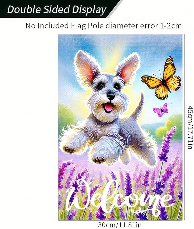 BlissYard Spring Garden Flag Welcome Garden Flag Spring Summer Dog Flags 12x18 Inch Double Sided Schnauzer Puppy Lavender Florals Butterfly Outdoor Yard Lawn Porch Decor Banner