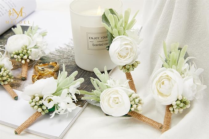 Meldel Ivory & Greenery Homecoming Boutonniere, White Boutonniere for Men Wedding, Set of 6, Groom Groomsmen Man Boutonniere for Wedding Ceremony Anniversary, Party Fall Vintage Wedding Prom
