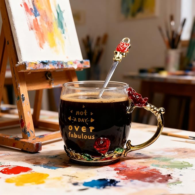 Christmas Gift Tea Cup Flower Glass Cup Unique Printing Coffee Cup, Birthday Gifts for Her Women Mom Friend Sister Coworker from Daughter Son (Best Ever)