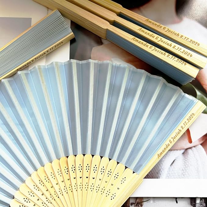 Personalized Engraved Light Blue Fans Folding Hand Fans 90 Pcs, Summer Wedding Fans, Custom Imitated Silk-Bamboo Fans for Guests Wedding Party Favor Bridal Shower Gifts Party Decoration