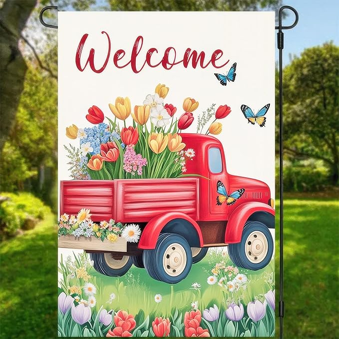 BlissYard Outdoor Garden Flag Double Sided Garden Flag Welcome Red Truck Flag Spring Flowers and Butterflies Design 12x18 Inch Polyester Yard Decoration for Outdoor Lawn and Patio