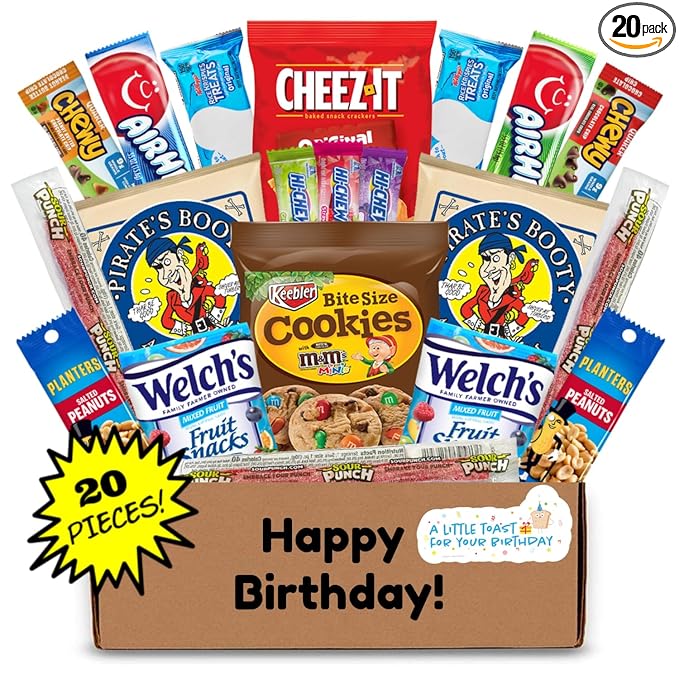 Hangry Kit Birthday Snack Box - (20 count) Happy Birthday Gift Basket Care Package - Contains Birthday Snacks, Cookies, Chips, Candy. Party Variety Gift Box.