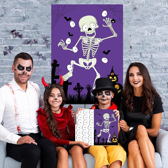 Hooqict Halloween Games for Kids Party Pin The Eyeball on The Mr.Bone Halloween Party Games Classroom Activities, Large Halloween Pin The Tail Game Poster with 40 Eyeball Stickers
