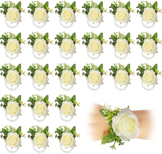 Sherr Wedding Rose Wrist Corsage Wristlet Band for Bridal Bridesmaid Women Flowers Bracelets Decor Wedding Artificial Flowers for Party Prom Homecoming(White,24 Pcs)