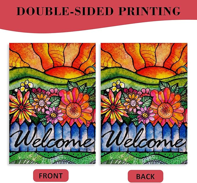 Covido Home Decorative Welcome Spring Watercolor Flowers Garden Flag, Summer Sunshine House Yard Abstract Floral Outside Decorations, Sunrise Farmhouse Seasonal Outdoor Small Decor Double Sided 12x18