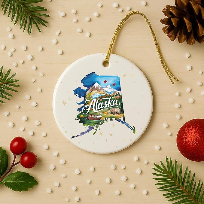 USA State Landmark Ceramic Ornament – Round Glossy Christmas Decoration Featuring U.S. State Art, Landmarks & Holiday Scenery – Collectible Travel Souvenir Ornament Series (Alaska)