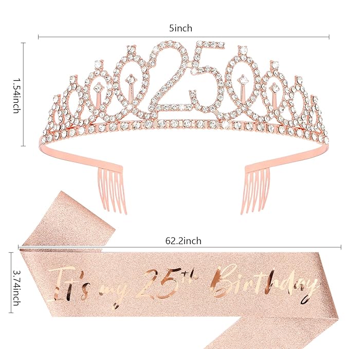 Casoty Rose Gold 25th Birthday Sash and Tiara for Women, 25th Birthday Party Decorations for Women, Crown and Sash Set, Gifts for Her