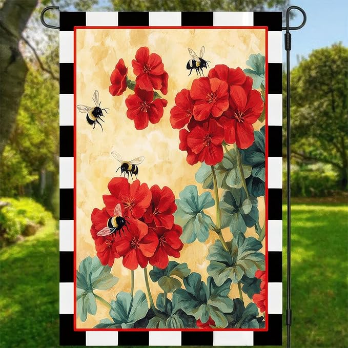 BlissYard Spring Garden Flag Welcome Spring Geranium Decorative Yard Flag 12 x 18 Inch Double Sided Bee Red Floral Small Flags Hello Spring Summer Farmhouse Home Outdoor Decoration