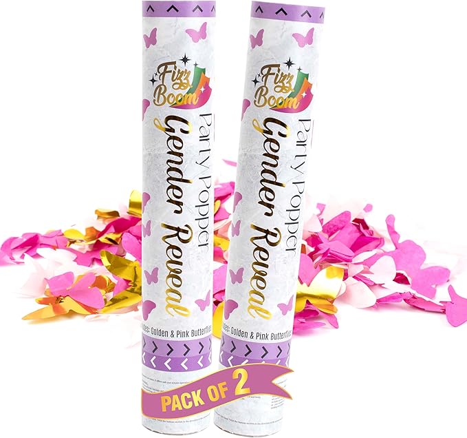 2 Pack Pink Butterfly -Shaped Confetti Poppers for Baby Gender Reveal | Pink Paper and gold mylar Baby Girl Party Supplies