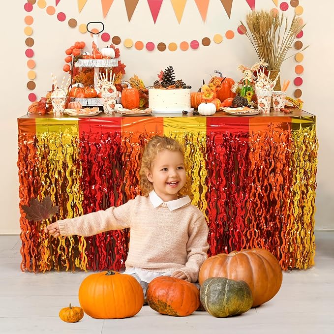 Mega-L Thanksgiving Party Decorations, 4 Pack Red Orange Gold Wavy Metallic Tinsel Foil Fringe Table Skirts for Rectangle and Round Table, Party Decorations for Friendsgiving Fall Harvest Autumn Party