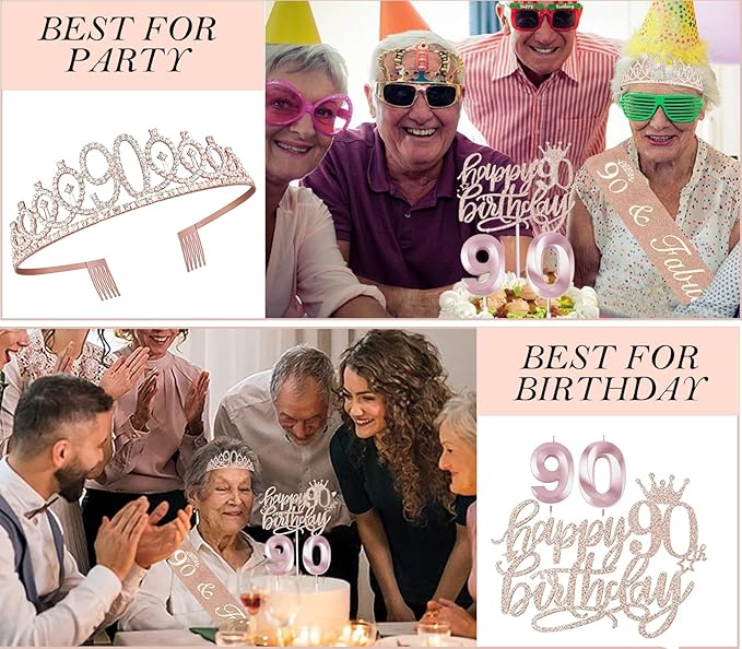 90th Birthday Decorations Gifts for Women, Including 90 year old Birthday Cake Topper, Queen Sash with Pearl Pin, Sweet Rhinestone Tiara Crown, Number Candles and Balloons Set, Rose Gold