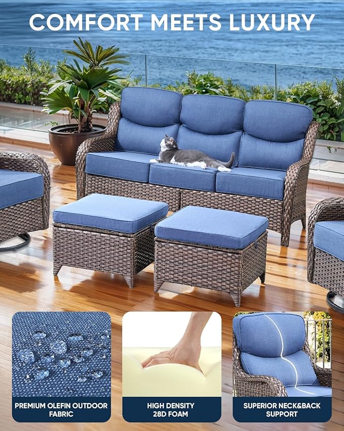 Luxury 22x24/22x25 6-Inch Smile Patio Dining Chair Cushions Set of 4 - Heavy Duty Water Slashproof Outdoor Seat Cushion for Outside Furniture Swivel Chairs Loveseat L-Shape Sofa - Navy Blue