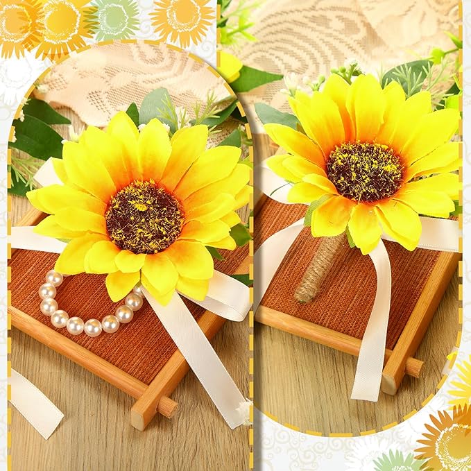 Zeyune 20 Pcs Sunflower Wrist Corsage and Boutonniere Set Including 10 Artificial Sunflower Boutonniere 10 Sunflower Corsage Wrist Flower for Prom Wedding Men Women Bride Groom Bridesmaid Formal Party