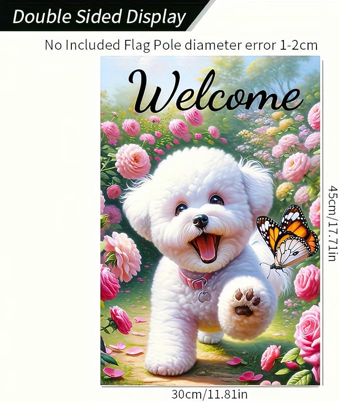BlissYard Welcome Garden Flag Spring Summer Dog Garden Flag 12x18 Inch Double Sided Cute Bichon Frise Puppy Floral Butterfly Outdoor Yard Lawn Porch Decor Banner