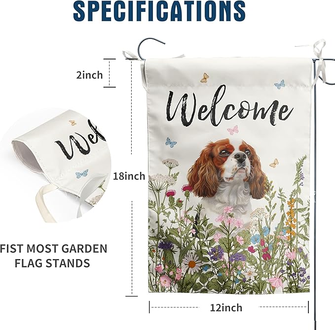 Spring Summer Garden Flag Floral Cavalier King Charles Spaniel Yard Flag Flower Dog Garden Flags for Outside Small Outdoor Welcome Flags 12x18 Double Sided