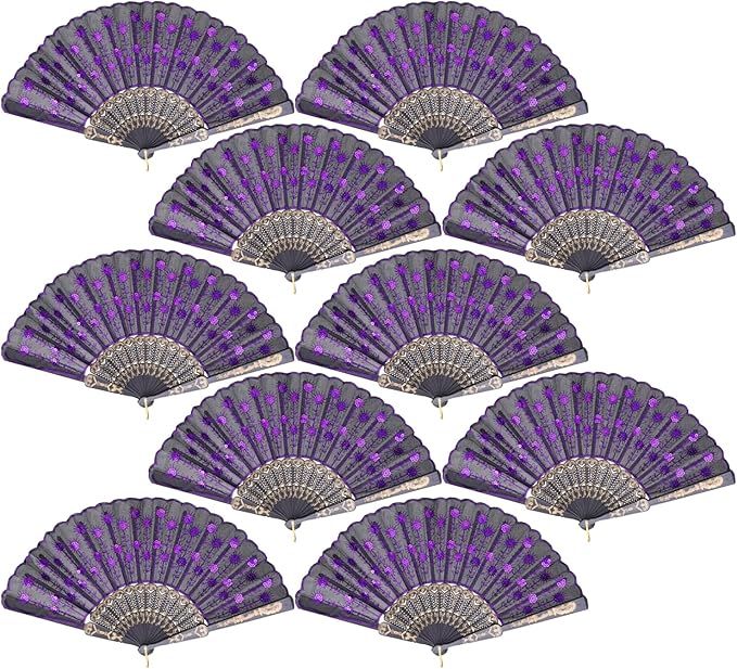 QIRMIZI 10 Pack Fabric Folding Handheld Fans, Perfect for Weddings, Parties, and Dancing,Purple
