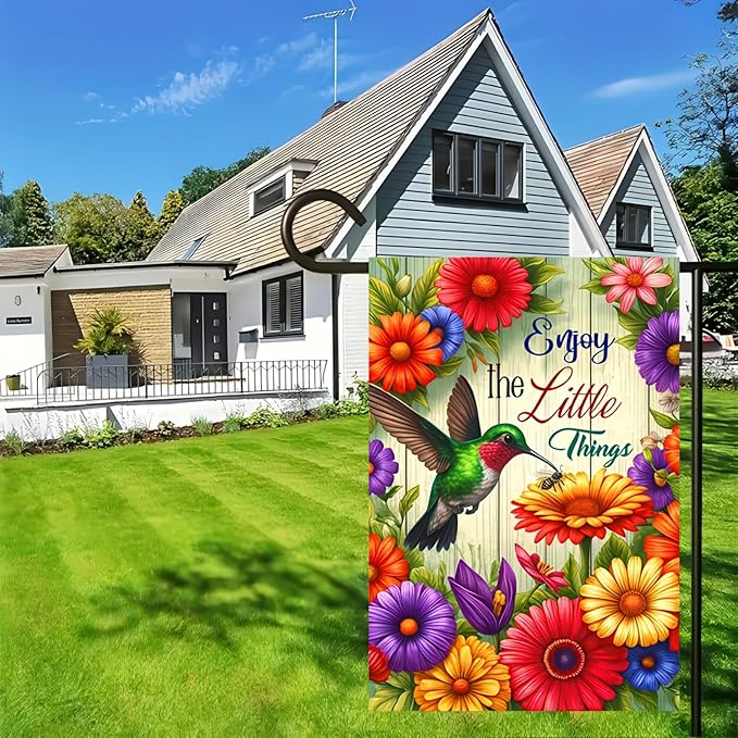HOMETITUTE Inspirational Spring Garden Flag for Outside 12x18 Double Sided Hummingbird Floral Yard Decoration Outdoor Lawn Farmhouse Welcome Decor – Enjoy the Little Things