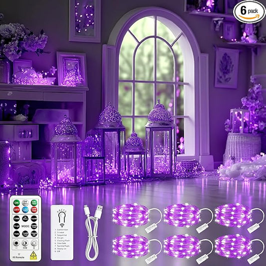 HXWEIYE 6 Pack Rechargeable Fairy Lights Battery Operated with Remote & DIY Timer, 7ft 20LED Mini Twinkle String Light for Mason Jar DIY Wedding Table Centerpieces Party Bedroom Christmas (Purple)