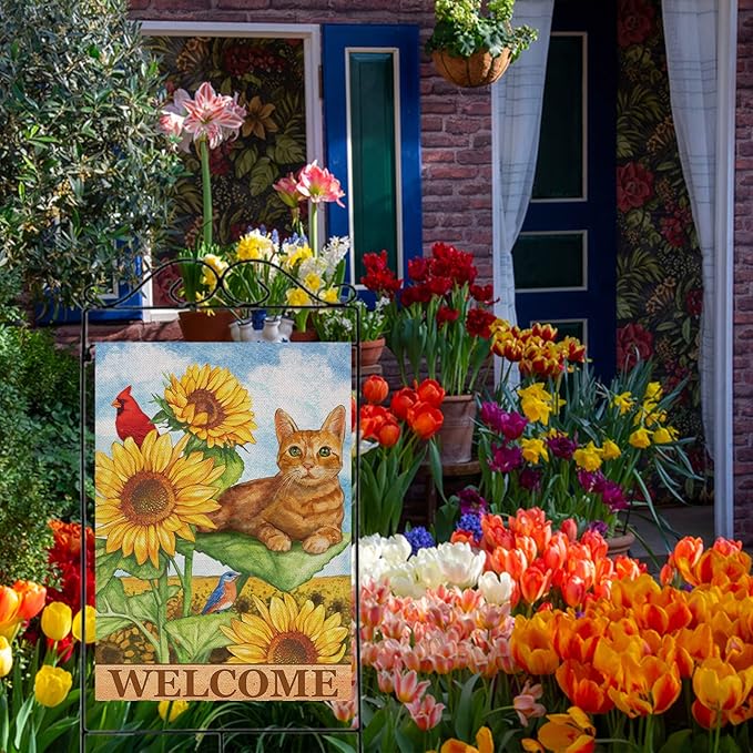 Furiaz Cat Cardinal Sunflower Welcome Spring Summer Decorative Large House Flag, Kitty Garden Yard Red Bird Outside Decoration, Fall Autumn Farmhouse Outdoor Burlap Decor Double Sided 28 x 40