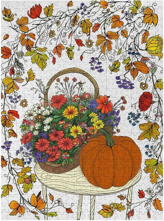 Wooden Jigsaw Puzzles - Thanksgiving Fall Pumpkins，Flowers - 500 Piece Jigsaw Puzzle for Adults Teenagers and Kids Educational Family Game，Home Decor，Suitable for Puzzle Enthusiasts and Collectors