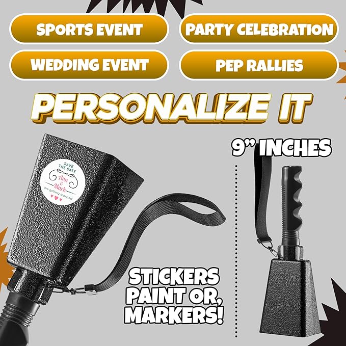 9" Metal Cowbells with Handle - (2 Pack) Cow Bells Loud Cheering Noise Makers for Sporting Events, Football Games, School Spirit, Rallies & Celebrations - Black Steel Percussion Music Instrument