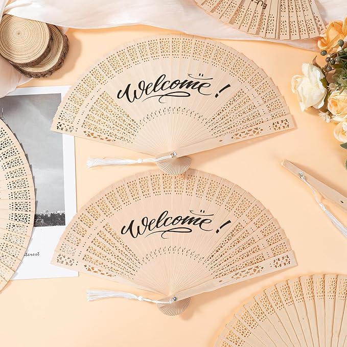 50 Pcs Wedding Fans Engraved Wooden Folding Hand Fans with Organza Bags, Wedding Party Favors for Guests, Bridal Shower & Summer Outdoor Ceremony (Style4,50)