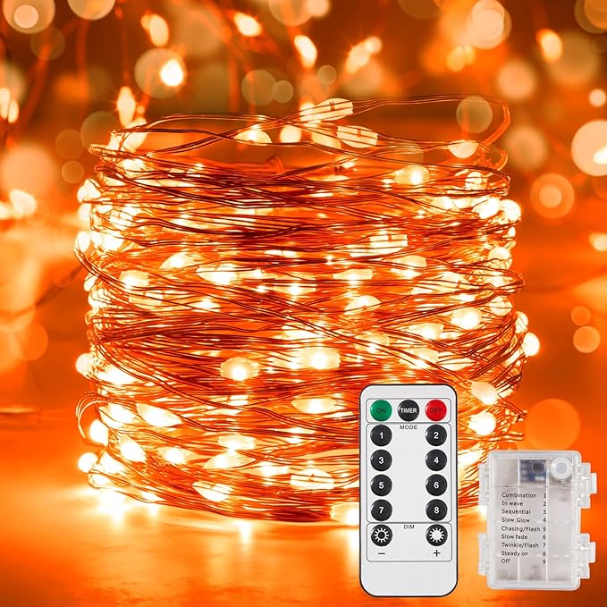 Ariceleo 1 Pack 65.6 Ft. Battery Operated Outdoor String Lights with Remote & Timer, LED Orange Fairy Lights, Waterproof Twinkle Lights for Bedroom, Dorm, Mason Jar, Wedding, Party, Christmas